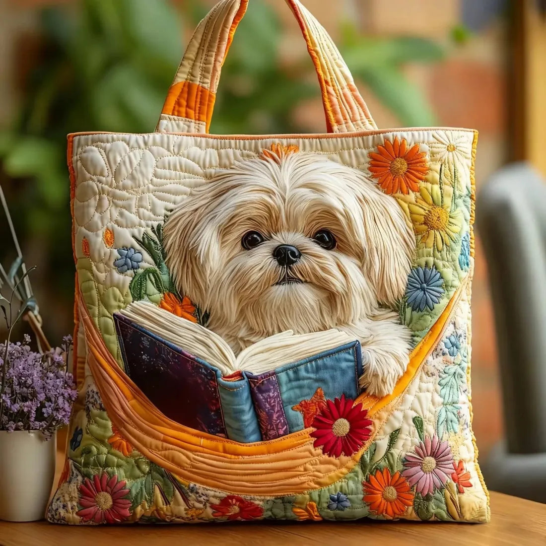 Bolso Artesanal | Shih Tzu z Książkami i Kwiatami