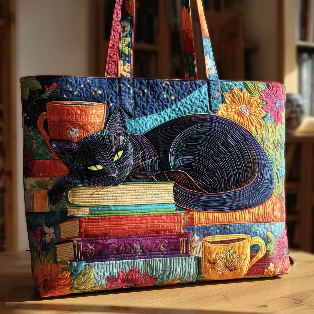 Haftowana Torba Vintage "Czarny Kot na Książkach" — Patchwork