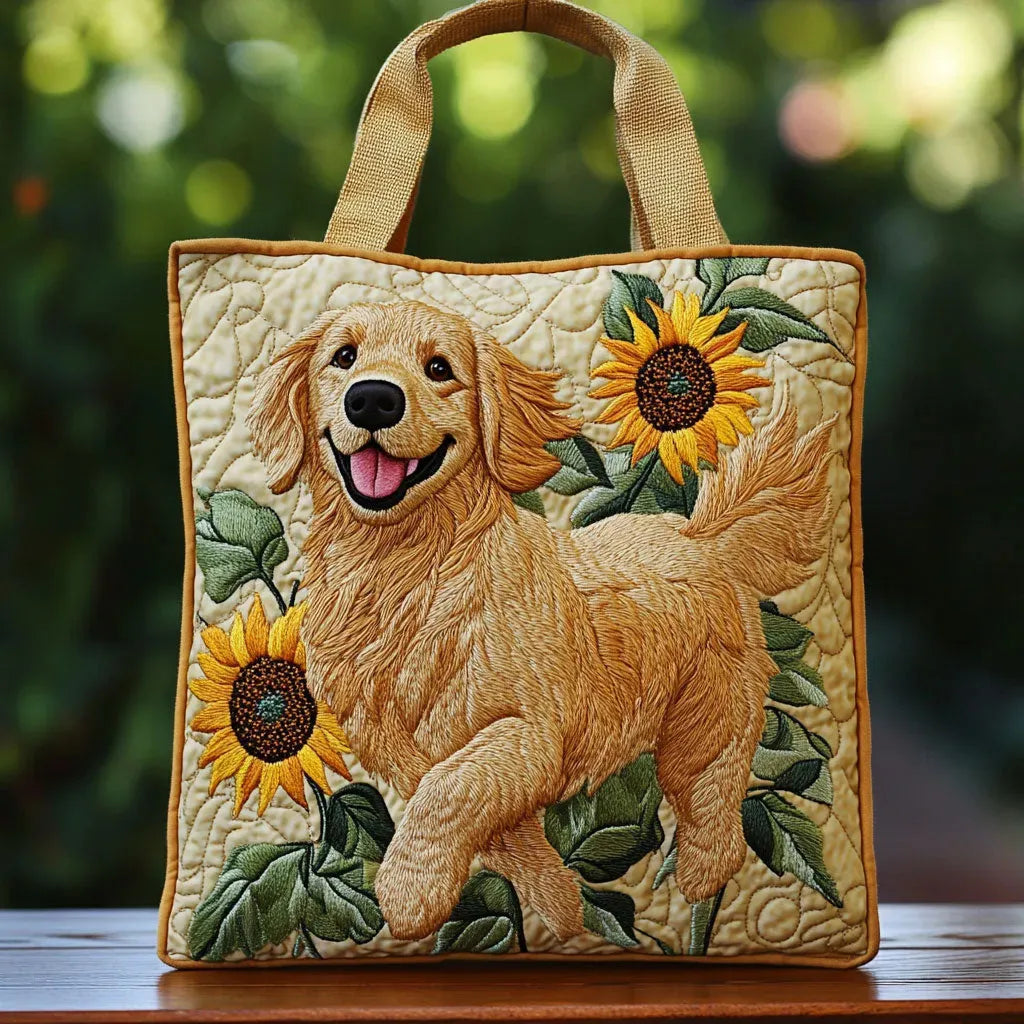 Haftowana Torba Vintage "Golden Retriever i Słoneczniki" — Letnia