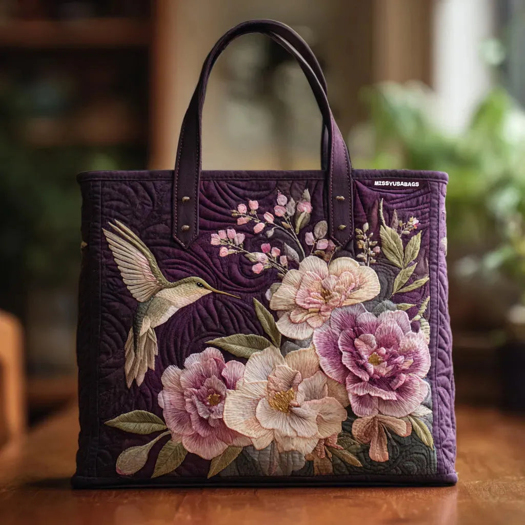 Haftowana Torba Vintage "Koliber i Piwonie" — Bordowa