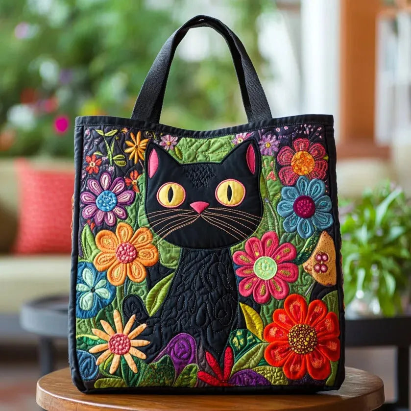 Haftowana Torba Vintage "Czarny Kot w Kwiatach" — Folkowa