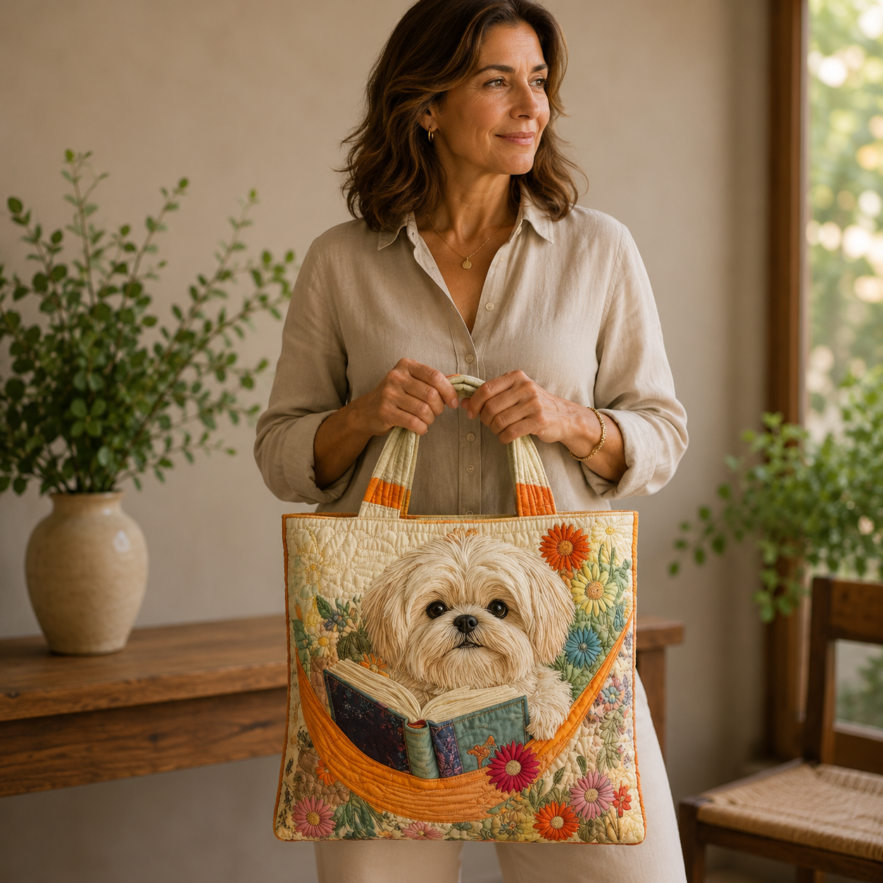Bolso Artesanal | Shih Tzu z Książkami i Kwiatami