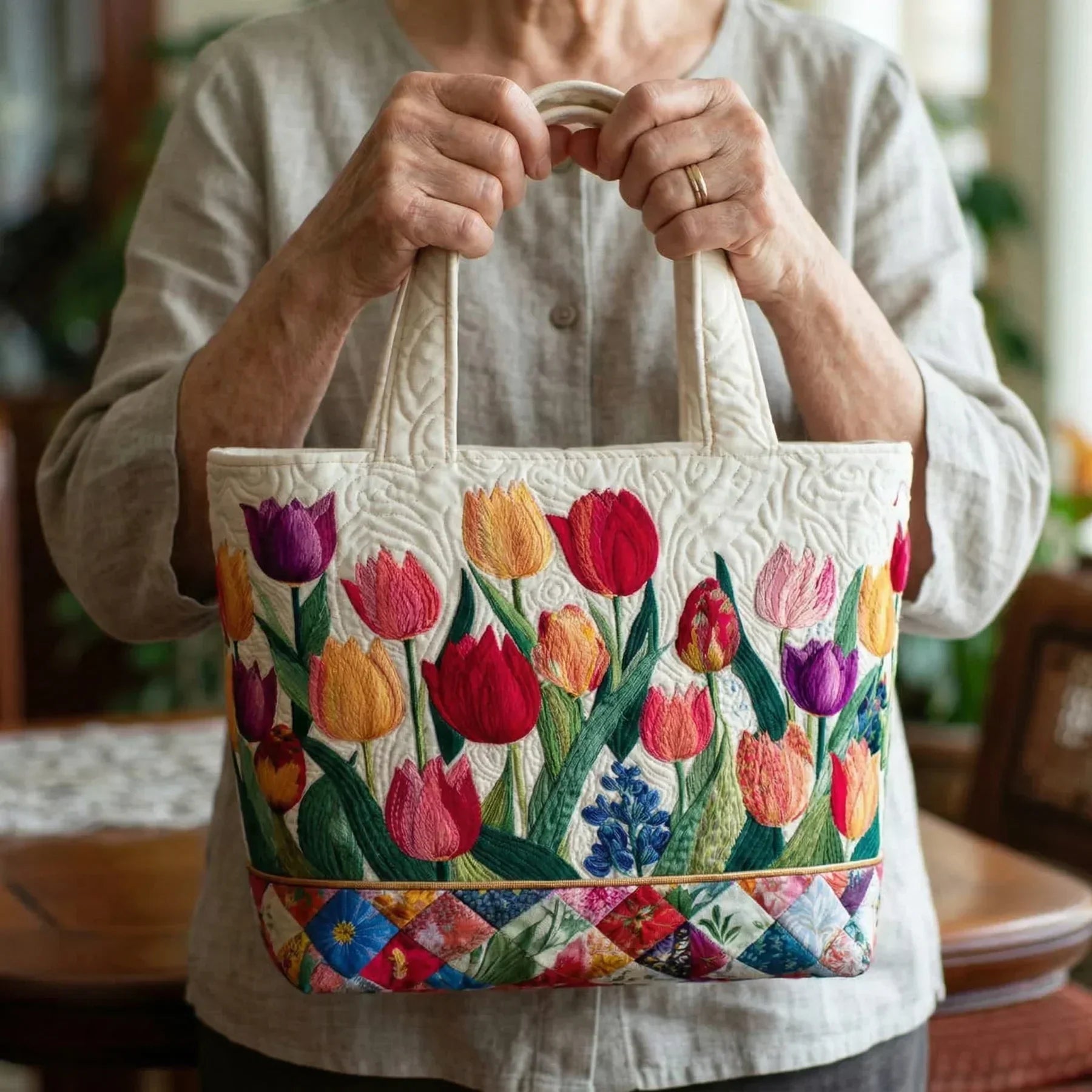 Haftowana Torba Vintage "Tulipany z Ogrodu" — Wiosenna