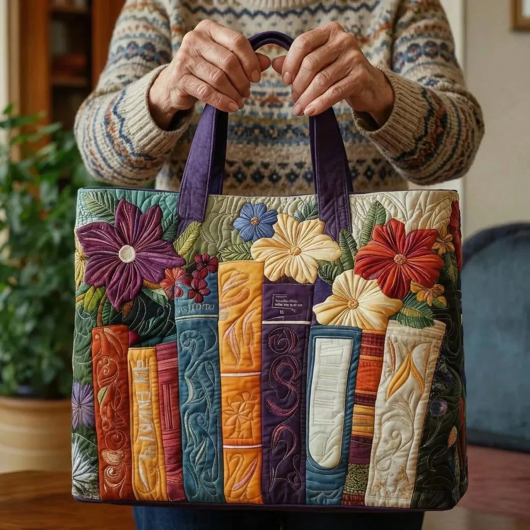 Haftowana Torba Vintage "Książki i Hibiskus" — Literacka