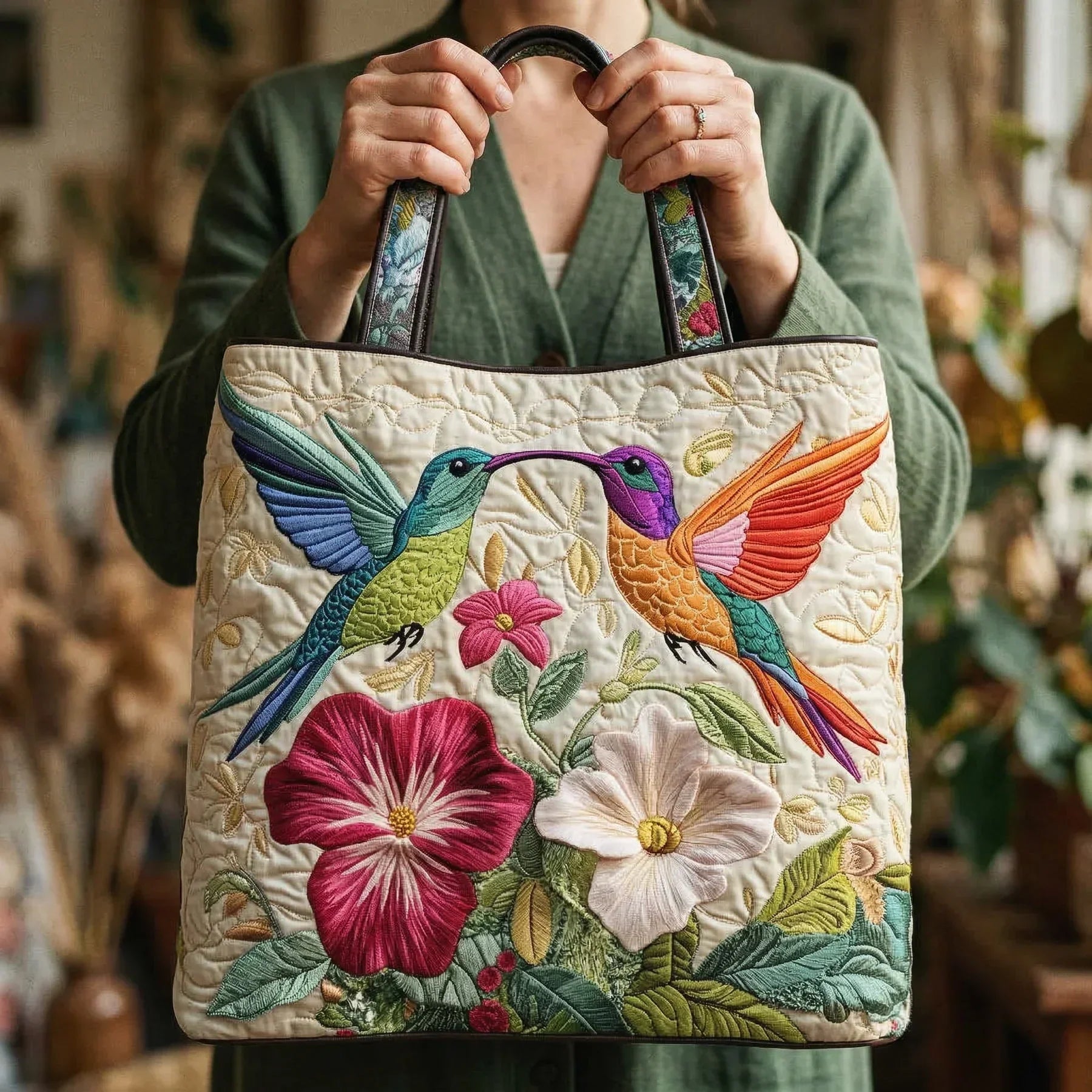 Haftowana Torba Vintage "Kolibry i Hibiskus" — Egzotyczna