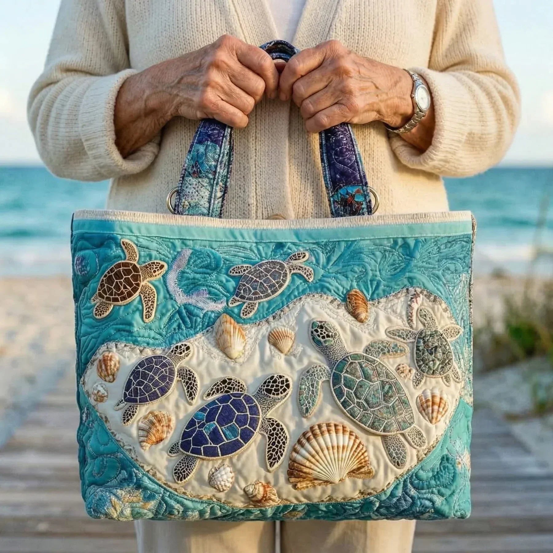 Haftowana Torba Vintage "Żółwie i Muszle" — Plażowa