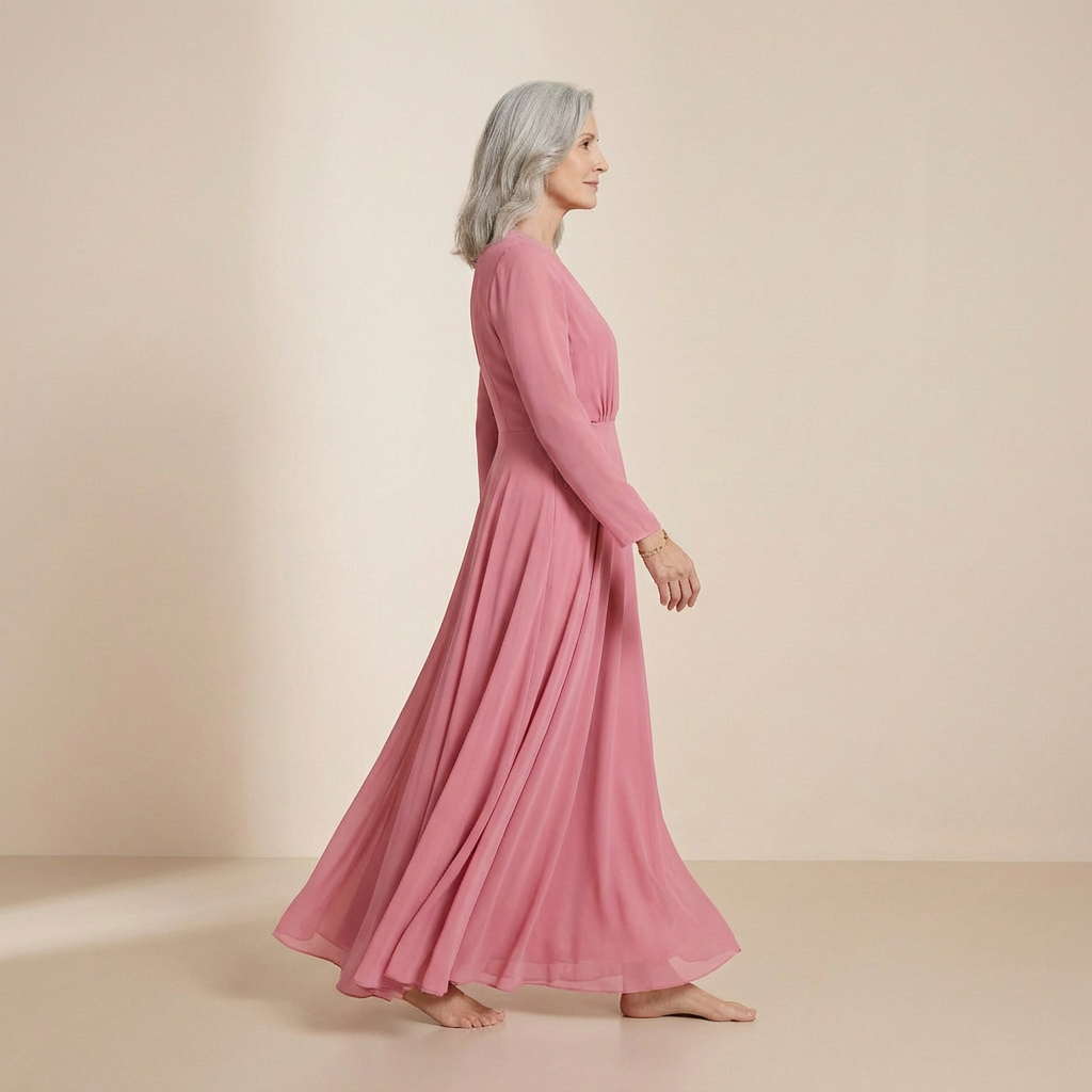 Elegancka sukienka maxi w kolorze zgaszonego różu – spódnica