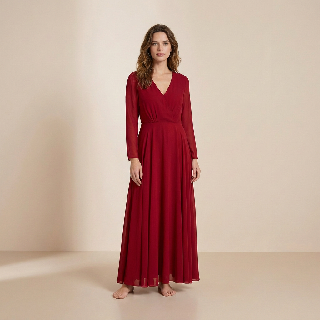 Długa sukienka typu slip dress z długimi rękawami w kolorze głębokiego burgunda