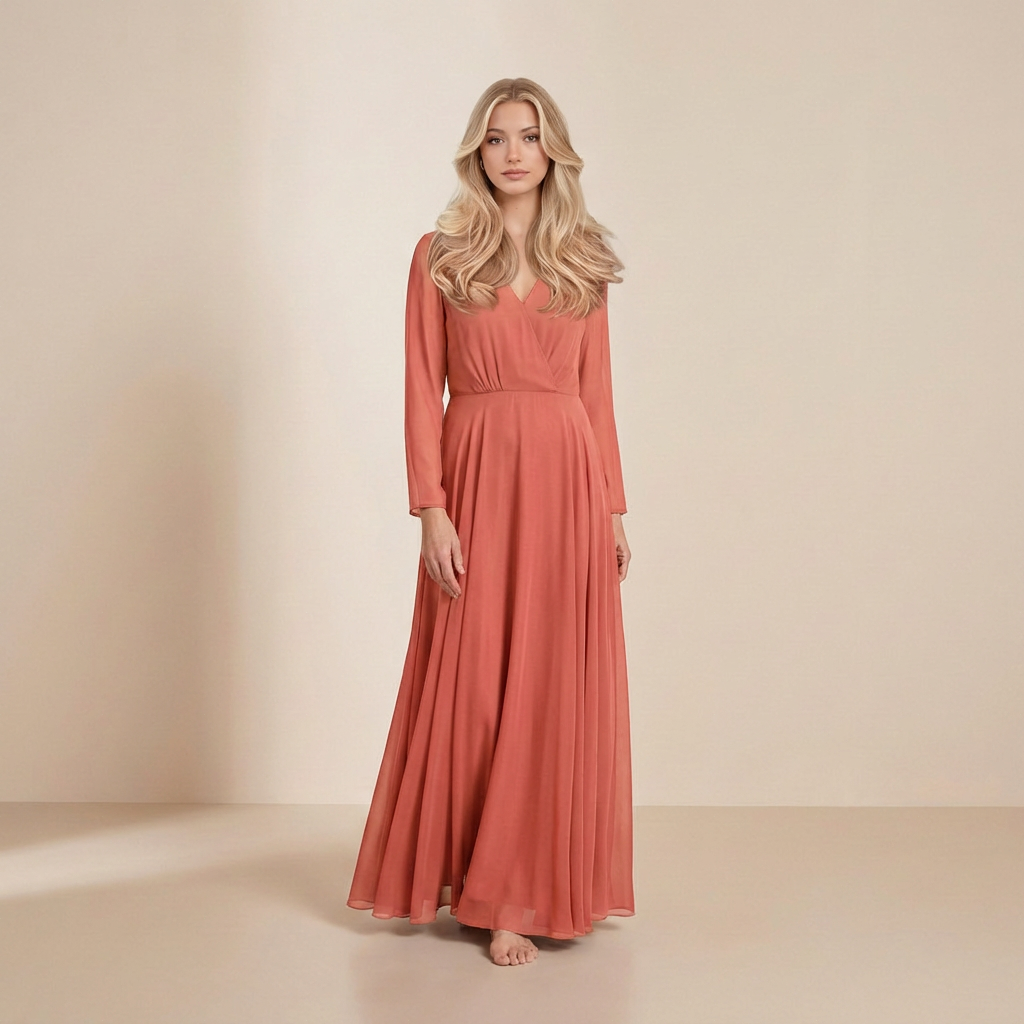 Jesienna sukienka maxi z długim rękawem w kolorze terakoty – sukienka typu slip dress w ciepłych, ziemistych odcieniach
