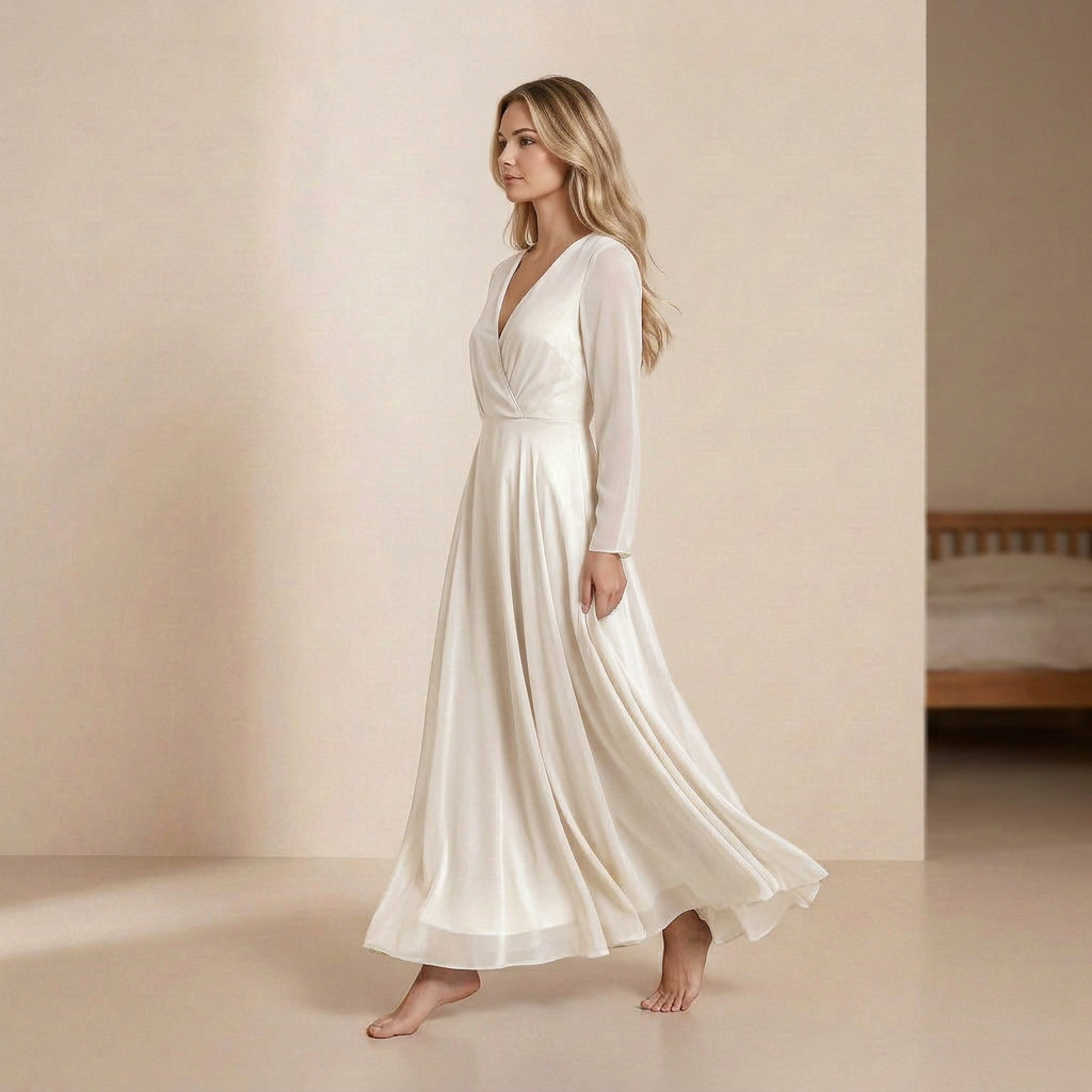 Lśniąca, satynowa sukienka maxi – elegancka sukienka typu slip dress z długimi rękawami i dekoltem w szpic