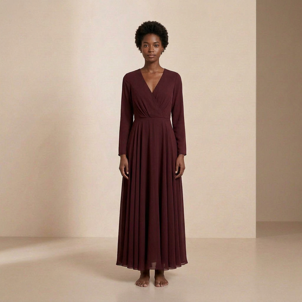 Długa sukienka maxi w kolorze północnej burgundii z długimi rękawami – elegancka sukienka typu slip dress z kopertowym dekoltem z przodu