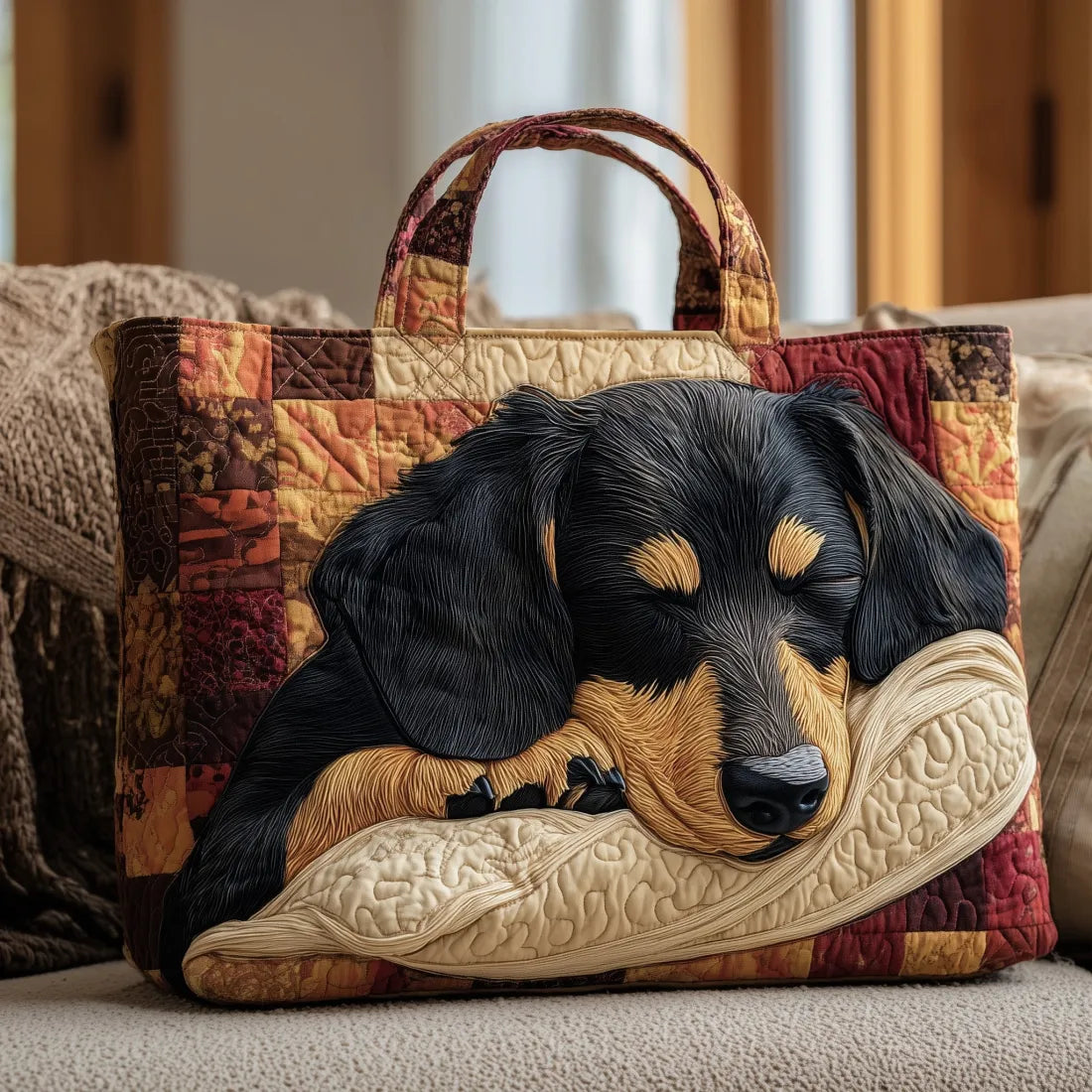 Haftowana Torba Vintage "Śpiący Jamnik" — Patchwork