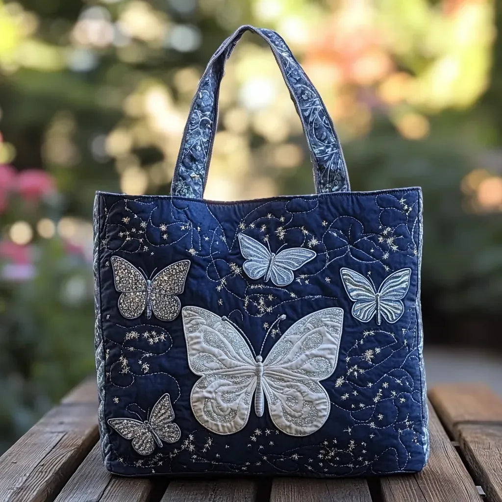 Haftowana Torba Vintage "Białe Motyle" — Granatowa