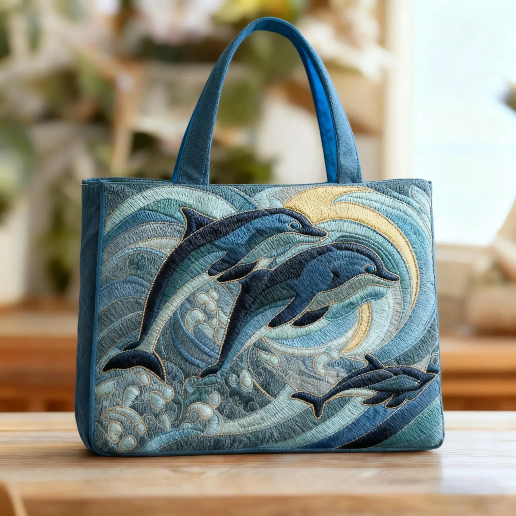 Haftowana Torba Vintage "Delfiny w Falach" — Morska