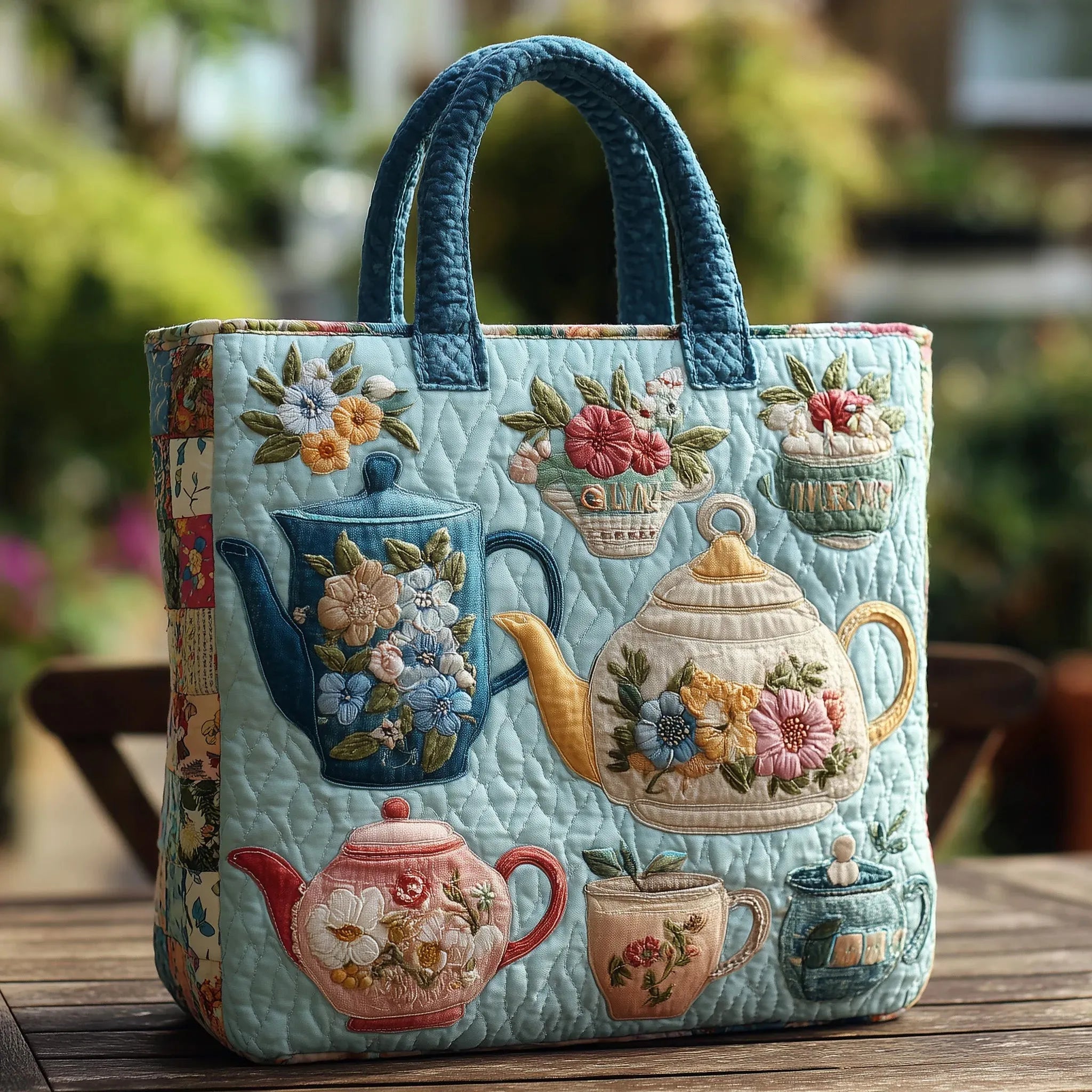 Haftowana Torba Vintage "Czajniczki w Kwiaty" — Herbaciana