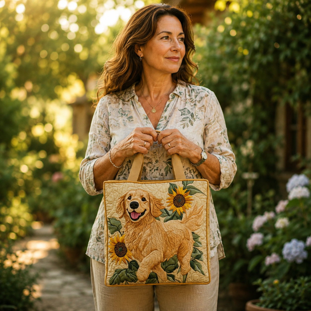 Haftowana Torba Vintage "Golden Retriever i Słoneczniki" — Letnia