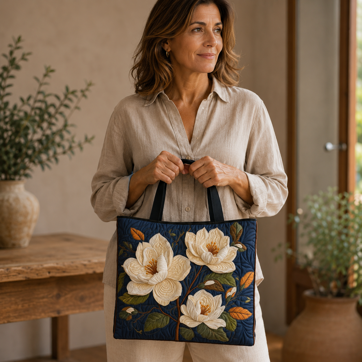 Haftowana Torba Vintage "Magnolie o Zmierzchu" — Granatowa