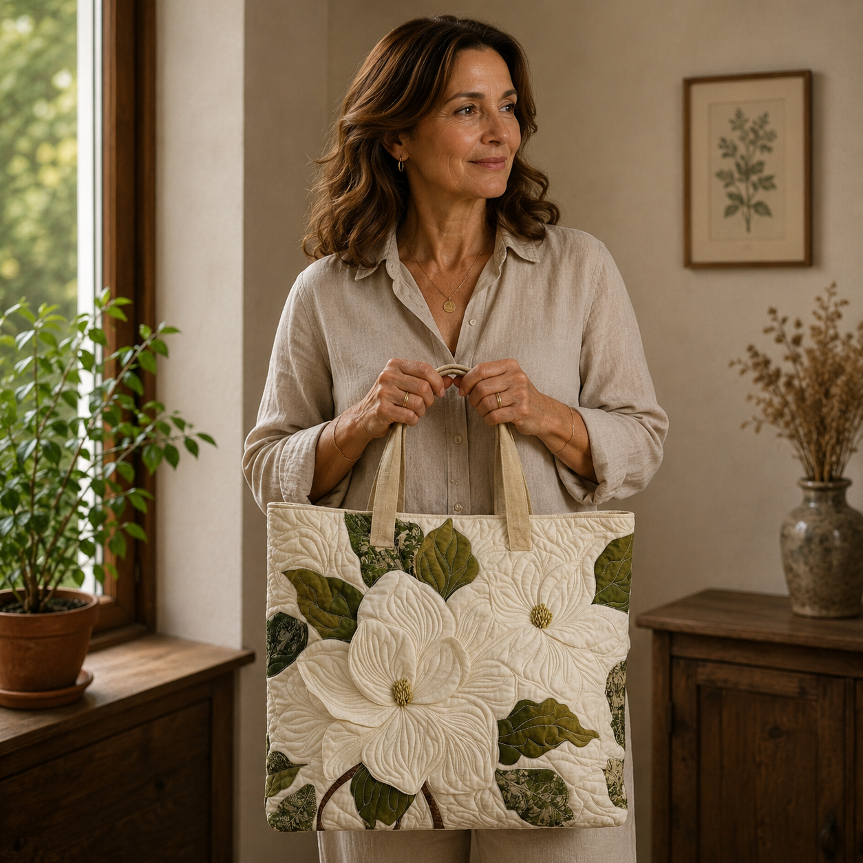 Haftowana Torba Vintage "Białe Magnolie" — Klasyczna