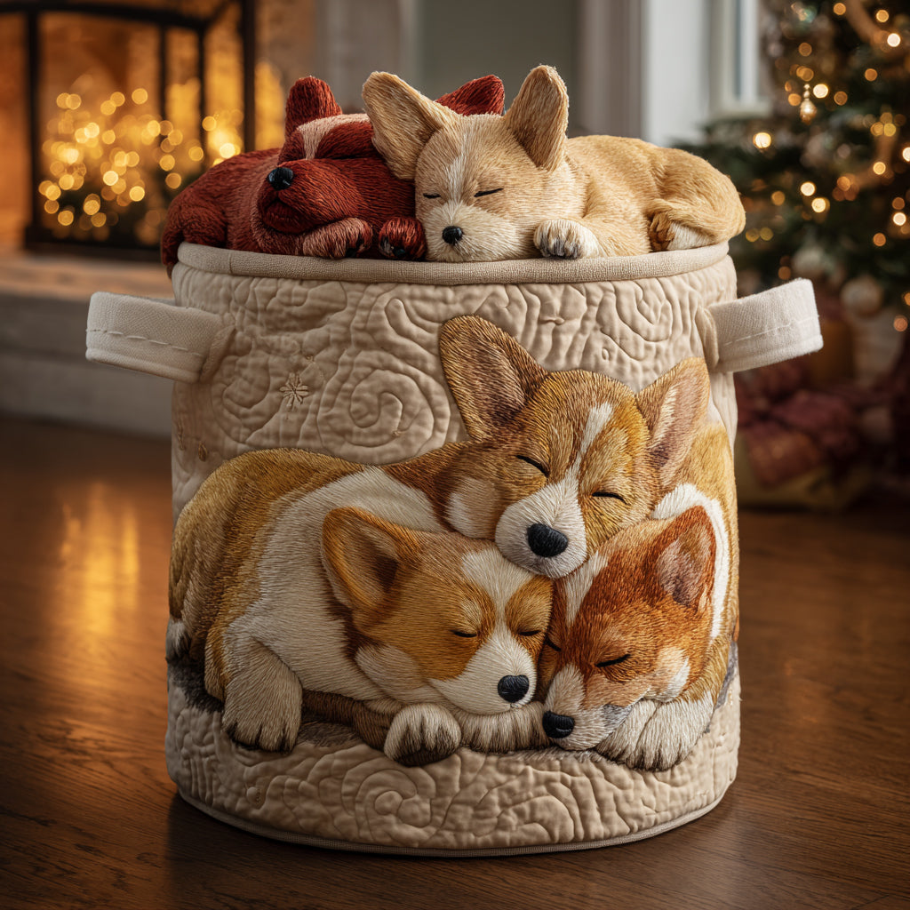 Kosz na pranie z marzeniami o Corgi na wakacjach
