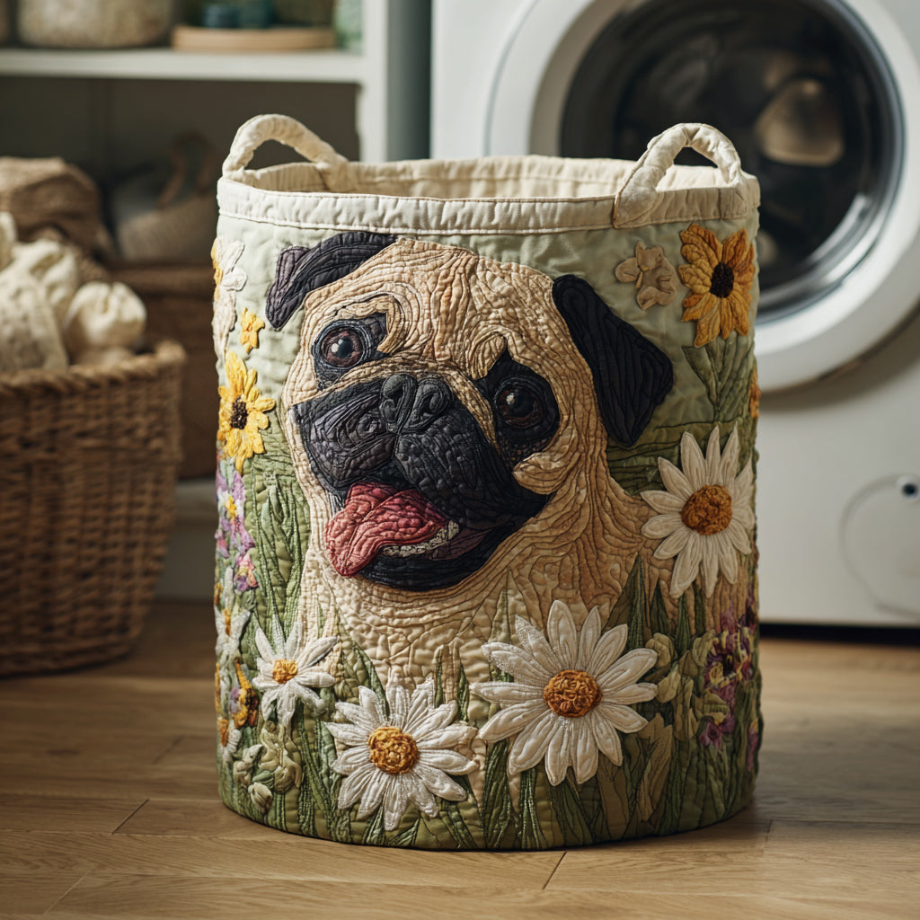 Kosz na pranie z psem rasy Pug w stokrotkach