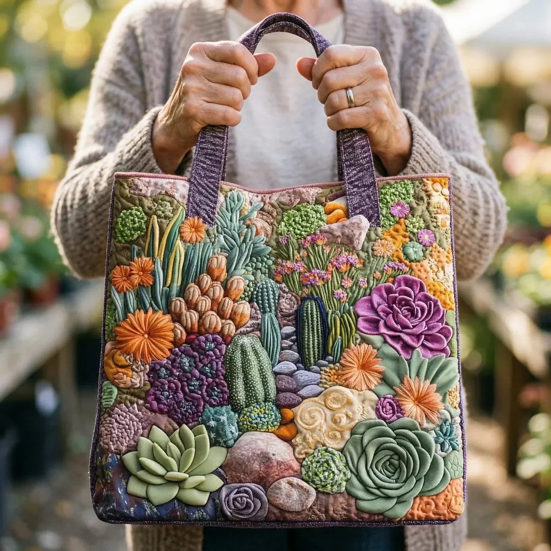Haftowana Torba Vintage "Sukulenty i Kaktusy" — Botaniczna