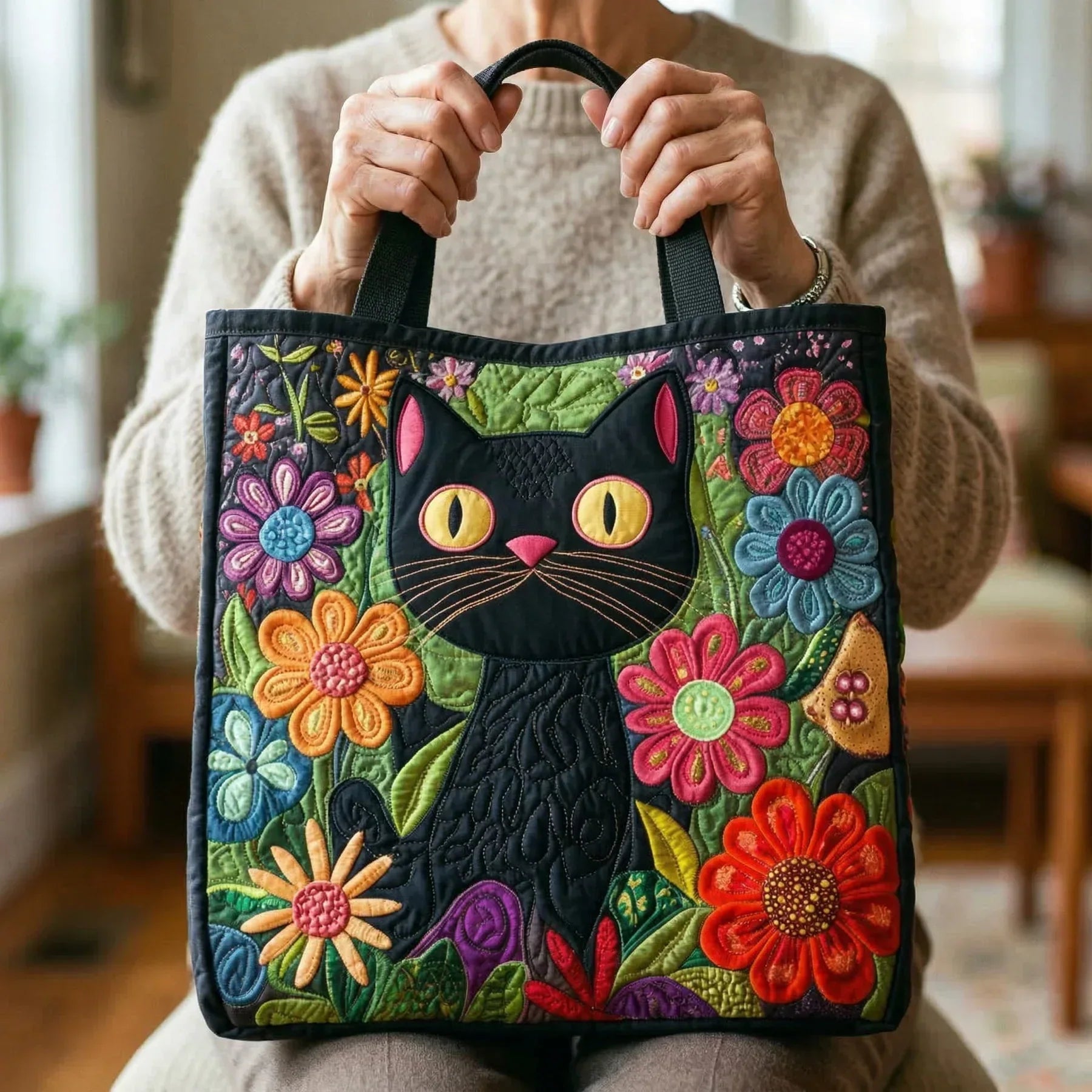 Haftowana Torba Vintage "Czarny Kot w Kwiatach" — Folkowa