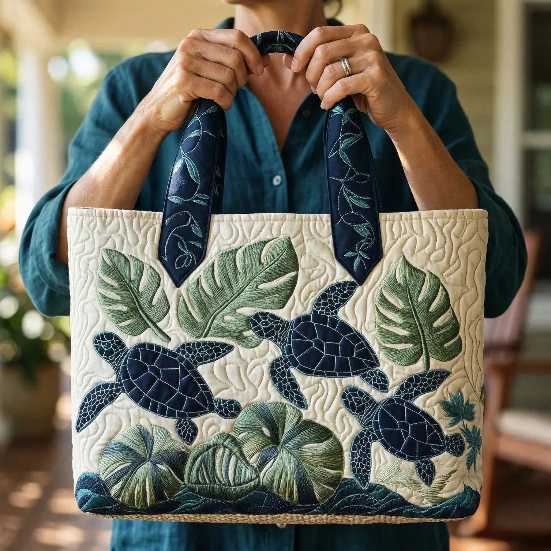 Haftowana Torba Vintage "Żółwie i Monstera" — Tropikalna