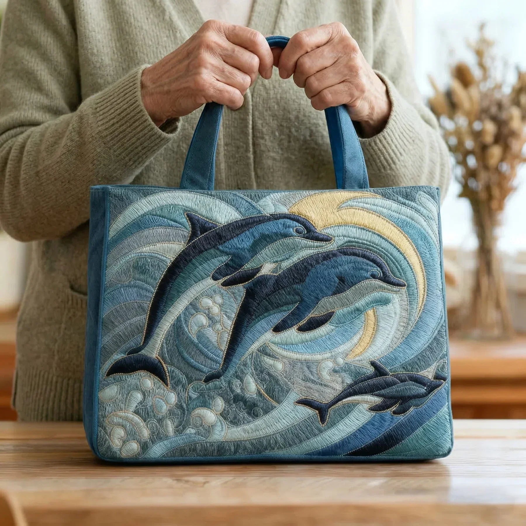 Haftowana Torba Vintage "Delfiny w Falach" — Morska