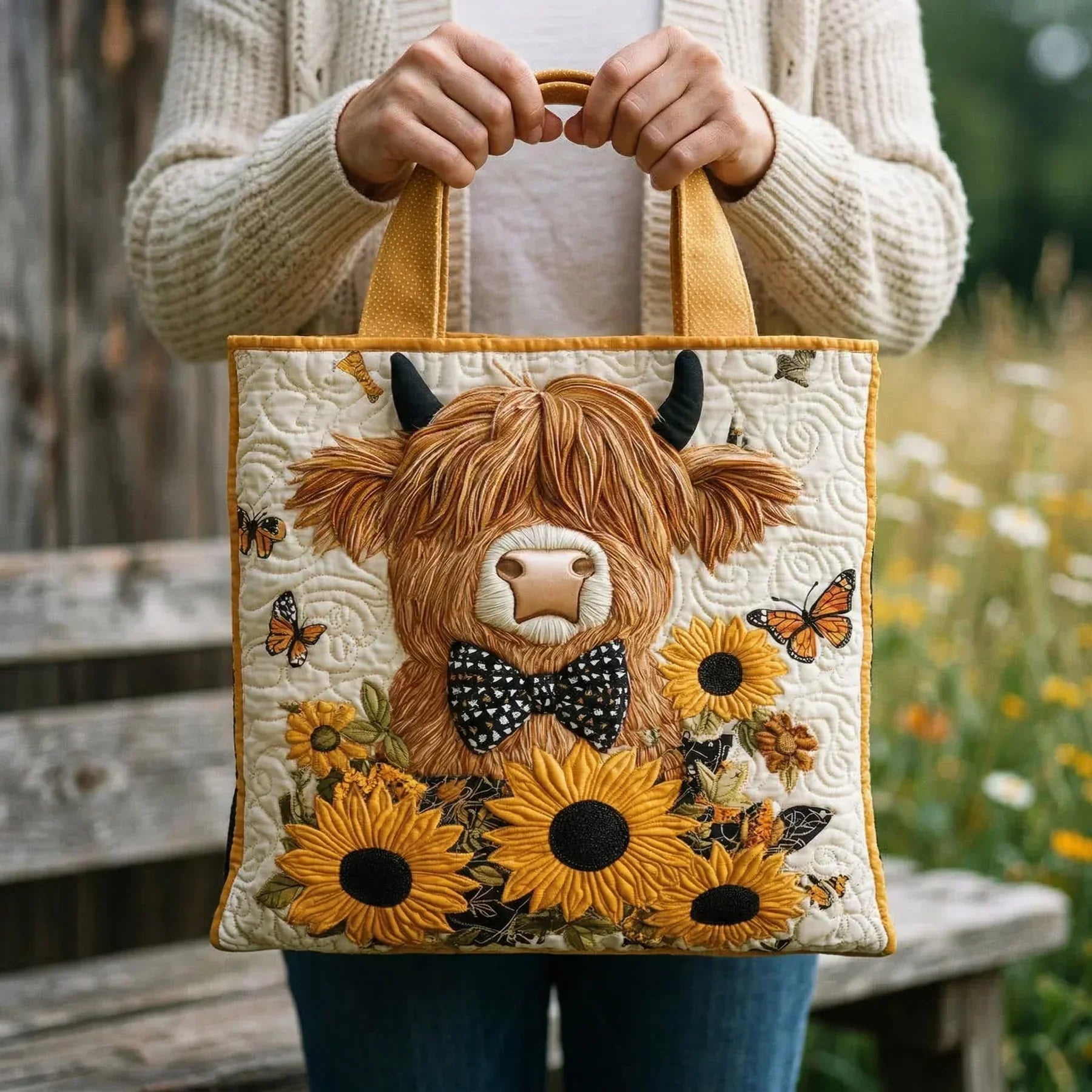 Haftowana Torba Vintage "Szkocka Krówka i Słoneczniki" — Rustykalna