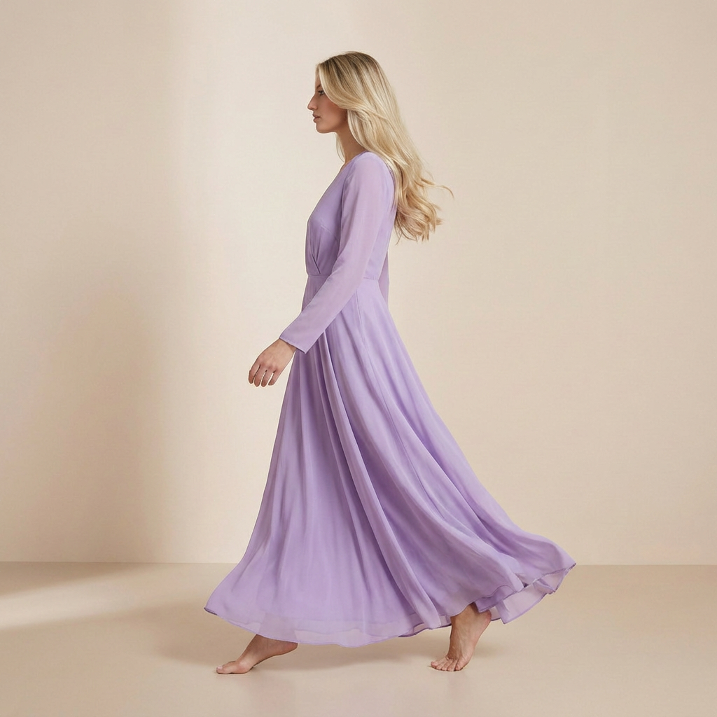 Długa sukienka maxi w kolorze lawendowej mgły z długimi rękawami – elegancka sukienka wieczorowa z zapięciem z przodu