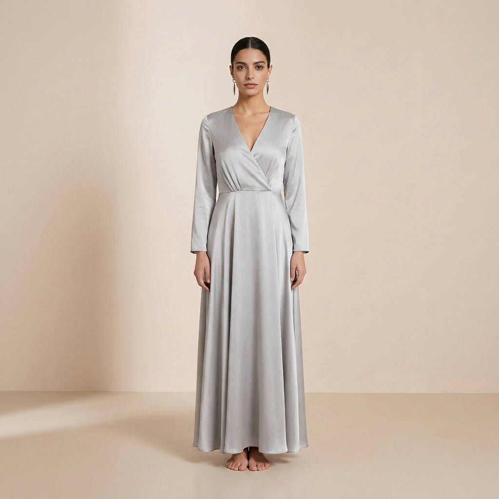 Lśniąca, satynowa sukienka maxi w kolorze srebrnym – elegancka sukienka typu slip dress z długimi rękawami