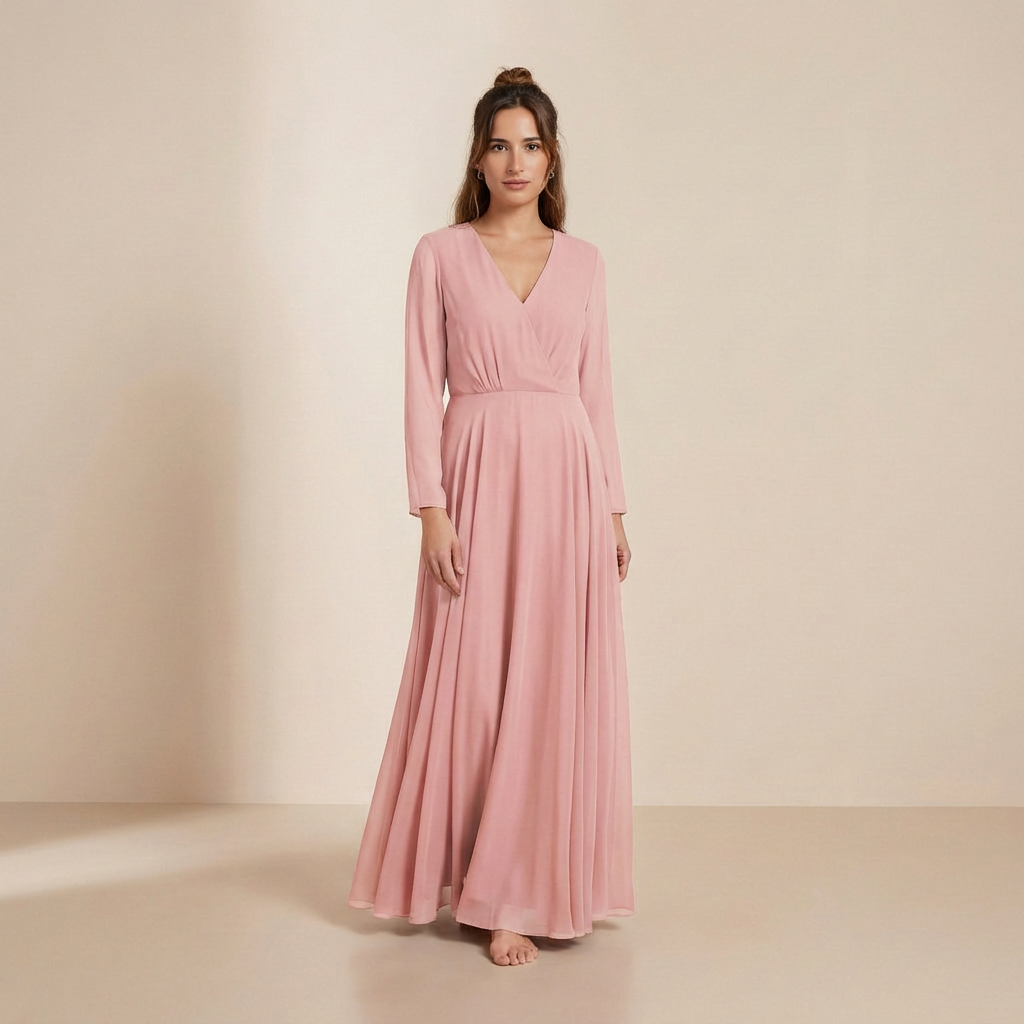 Różowa sukienka maxi z długim rękawem z szyfonu – sukienka typu slip dress z wiązaniem
