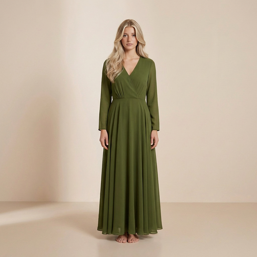 Sukienka z długim rękawem Earth Olive – skromna, lekka sukienka typu slip dress