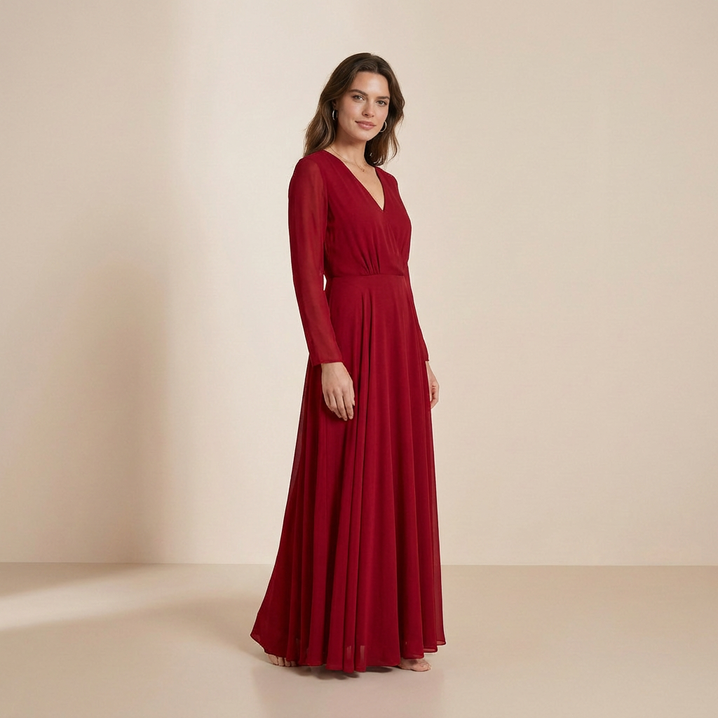 Długa sukienka typu slip dress z długimi rękawami w kolorze głębokiego burgunda