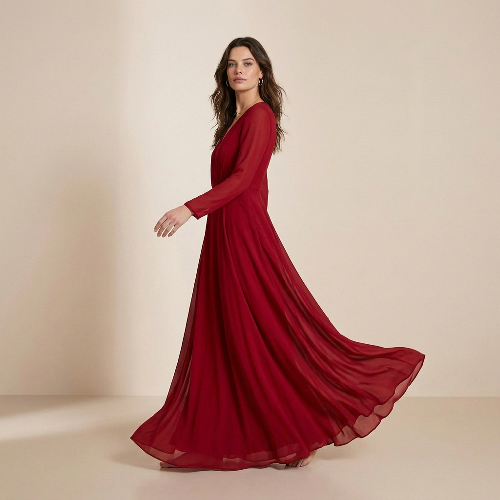 Długa sukienka typu slip dress z długimi rękawami w kolorze głębokiego burgunda