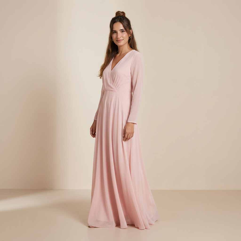 Różowa sukienka maxi z długim rękawem z szyfonu – sukienka typu slip dress z wiązaniem