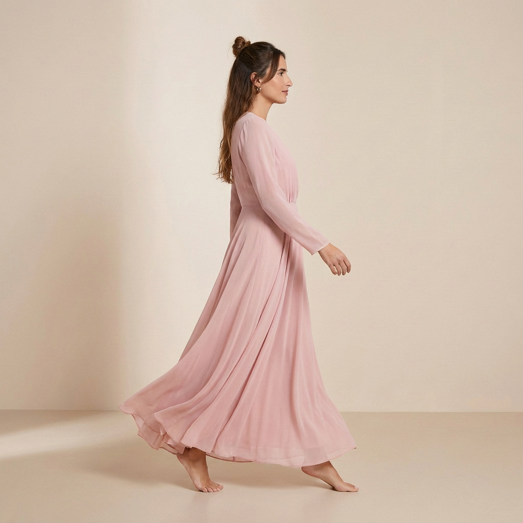 Różowa sukienka maxi z długim rękawem z szyfonu – sukienka typu slip dress z wiązaniem