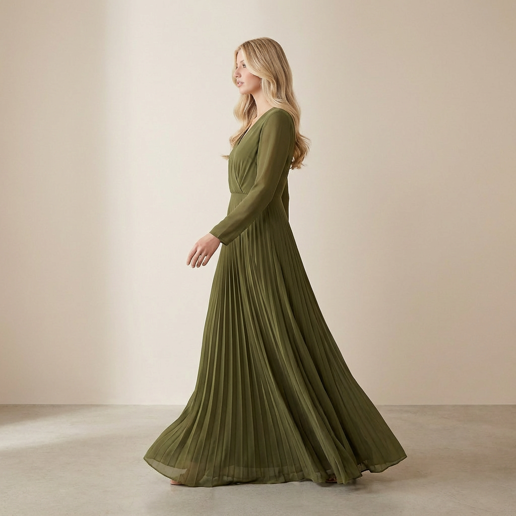 Sukienka z długim rękawem Earth Olive – skromna, lekka sukienka typu slip dress