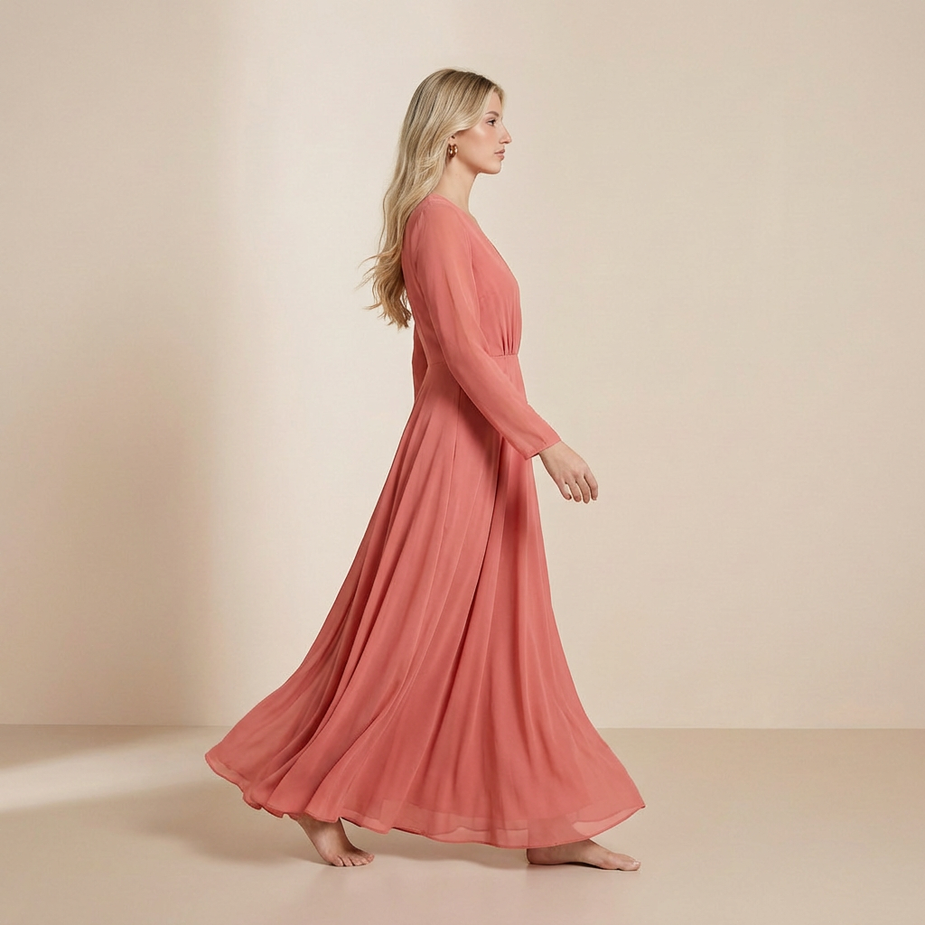 Jesienna sukienka maxi z długim rękawem w kolorze terakoty – sukienka typu slip dress w ciepłych, ziemistych odcieniach