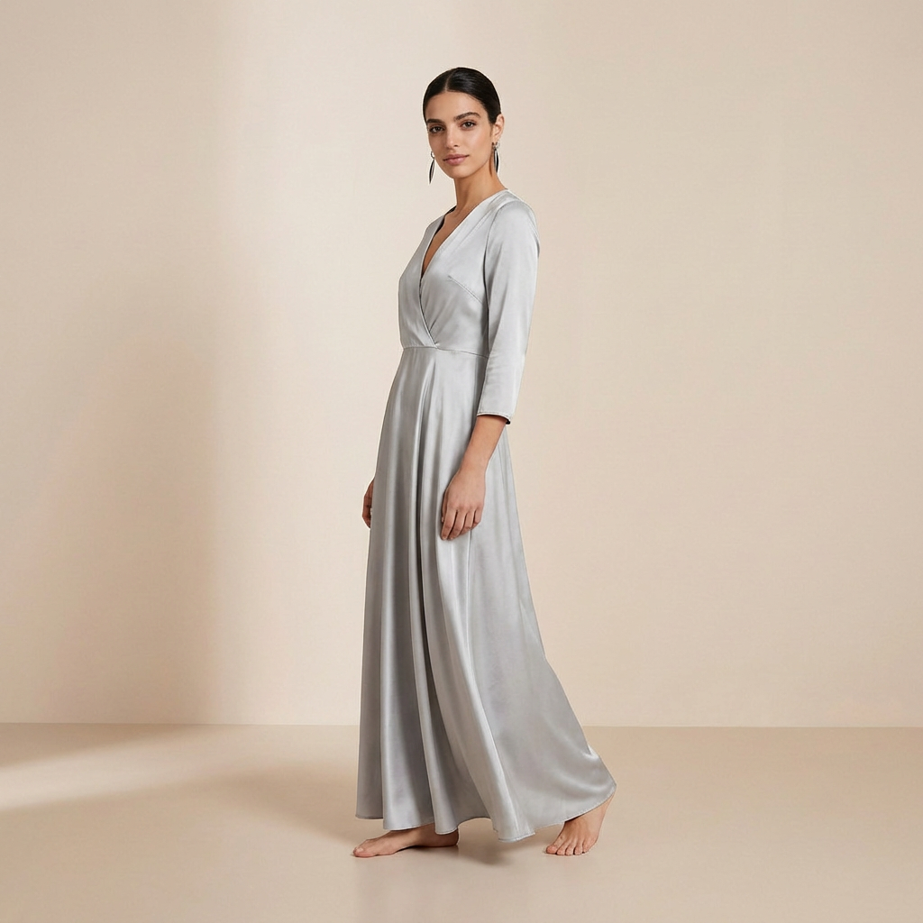 Lśniąca, satynowa sukienka maxi w kolorze srebrnym – elegancka sukienka typu slip dress z długimi rękawami