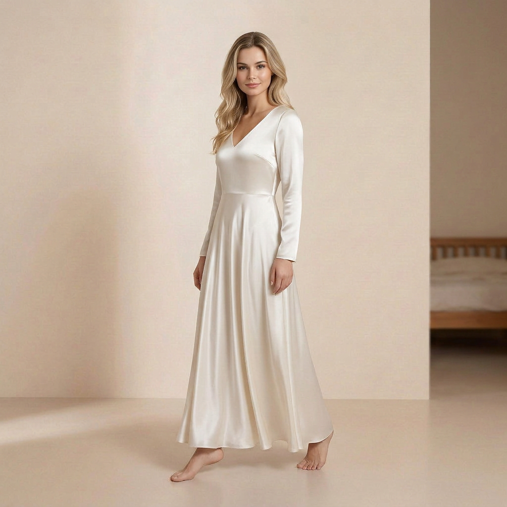 Lśniąca, satynowa sukienka maxi – elegancka sukienka typu slip dress z długimi rękawami i dekoltem w szpic